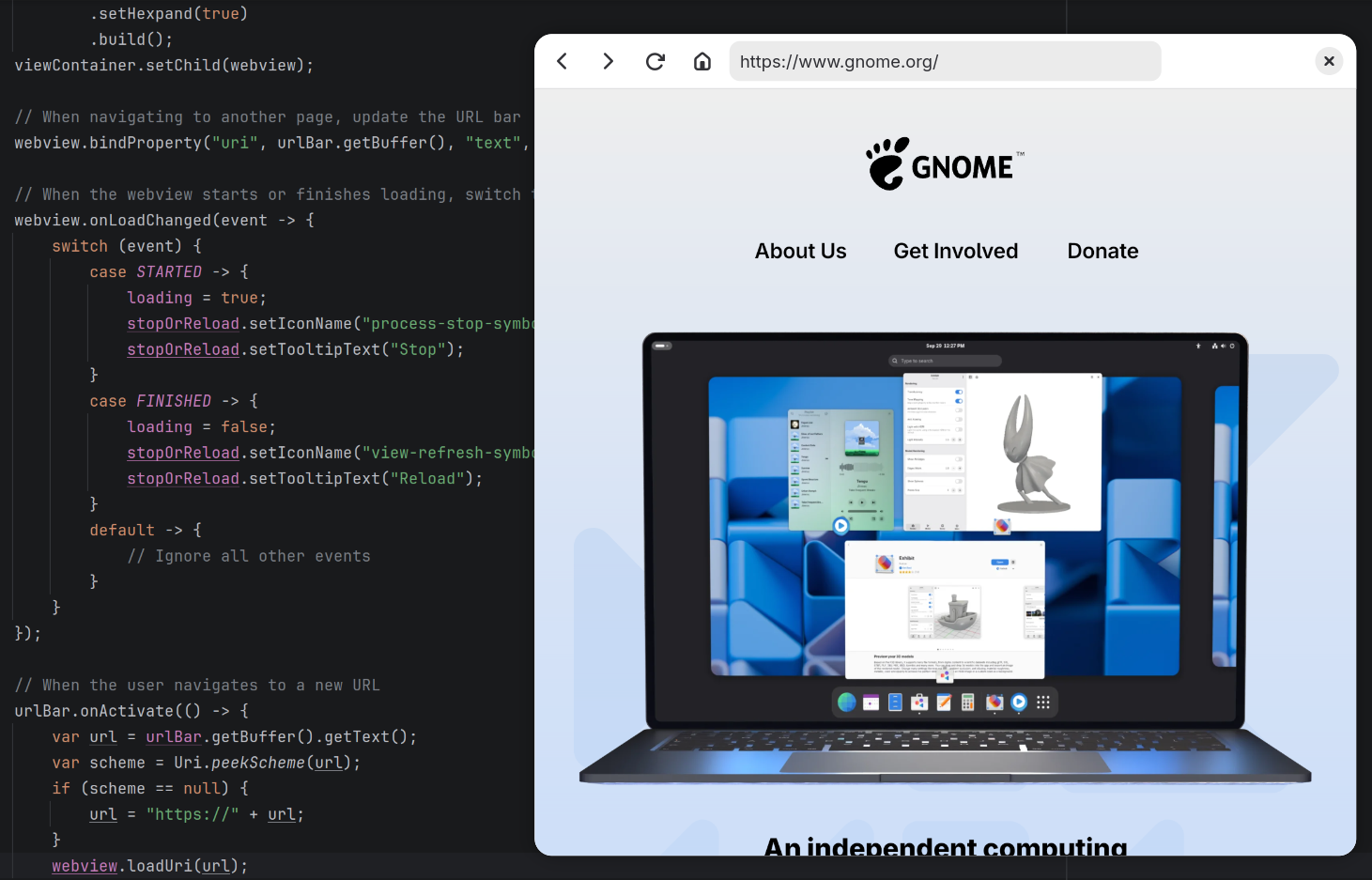 Screenshot of Java-GI code with the Browser example